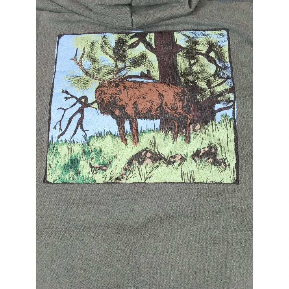 The North Face Men's Graphic Injection Hoodie Sage Green Elk Nature Print Fleece